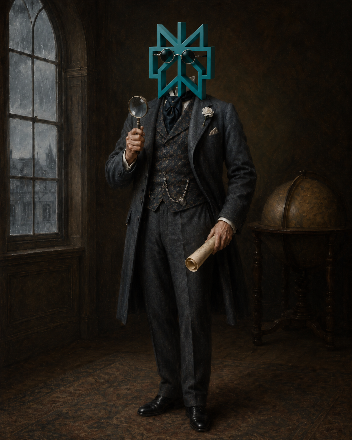 Standing Victorian investigator with magnifying glass and scroll, agent-mark head, by gothic window.