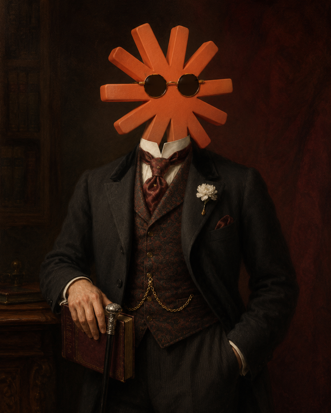 Standing Victorian gentleman with a leather book and walking cane, agent-mark head.