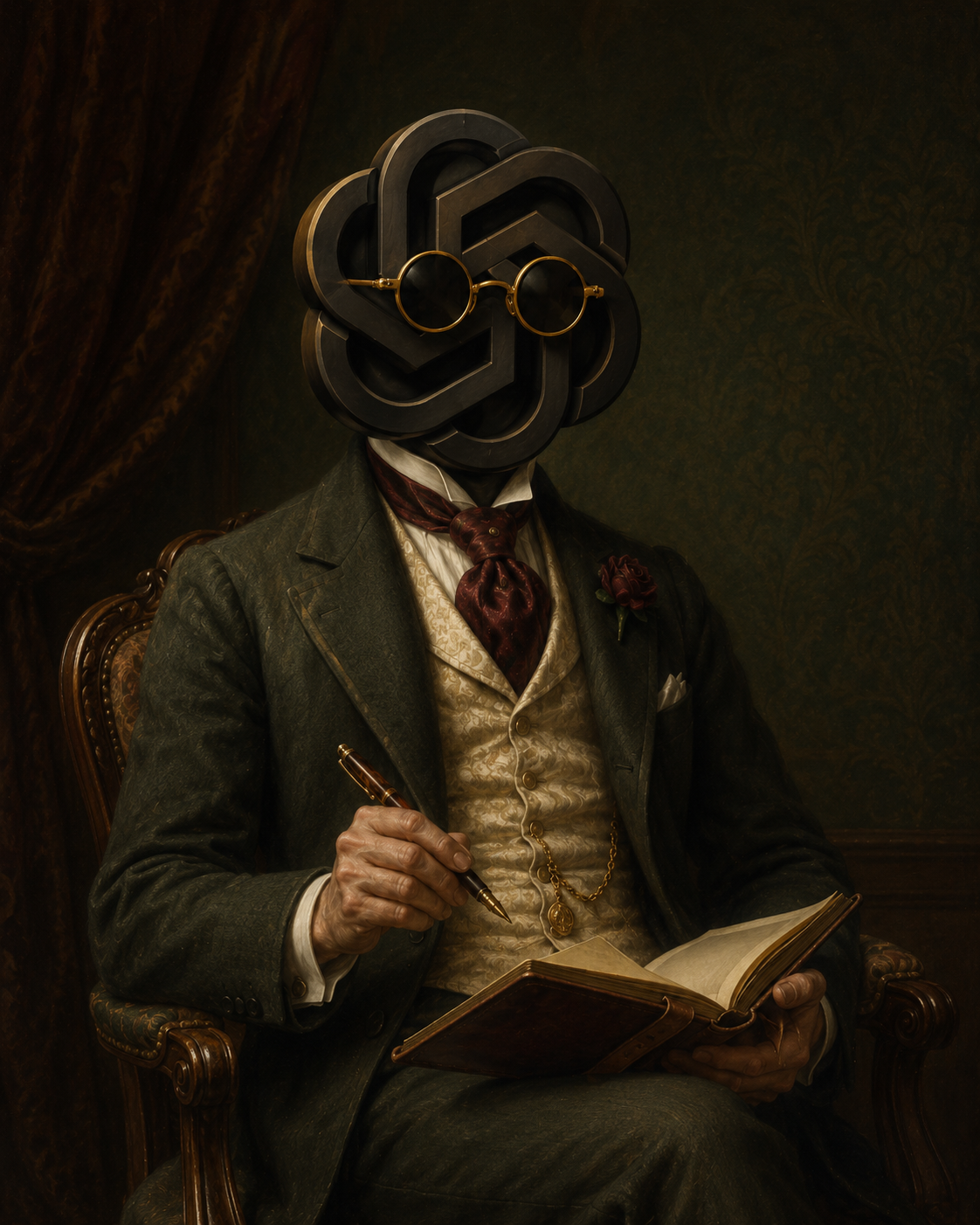 Seated Victorian scholar, agent-mark for a head, pen in hand, open book in lap.